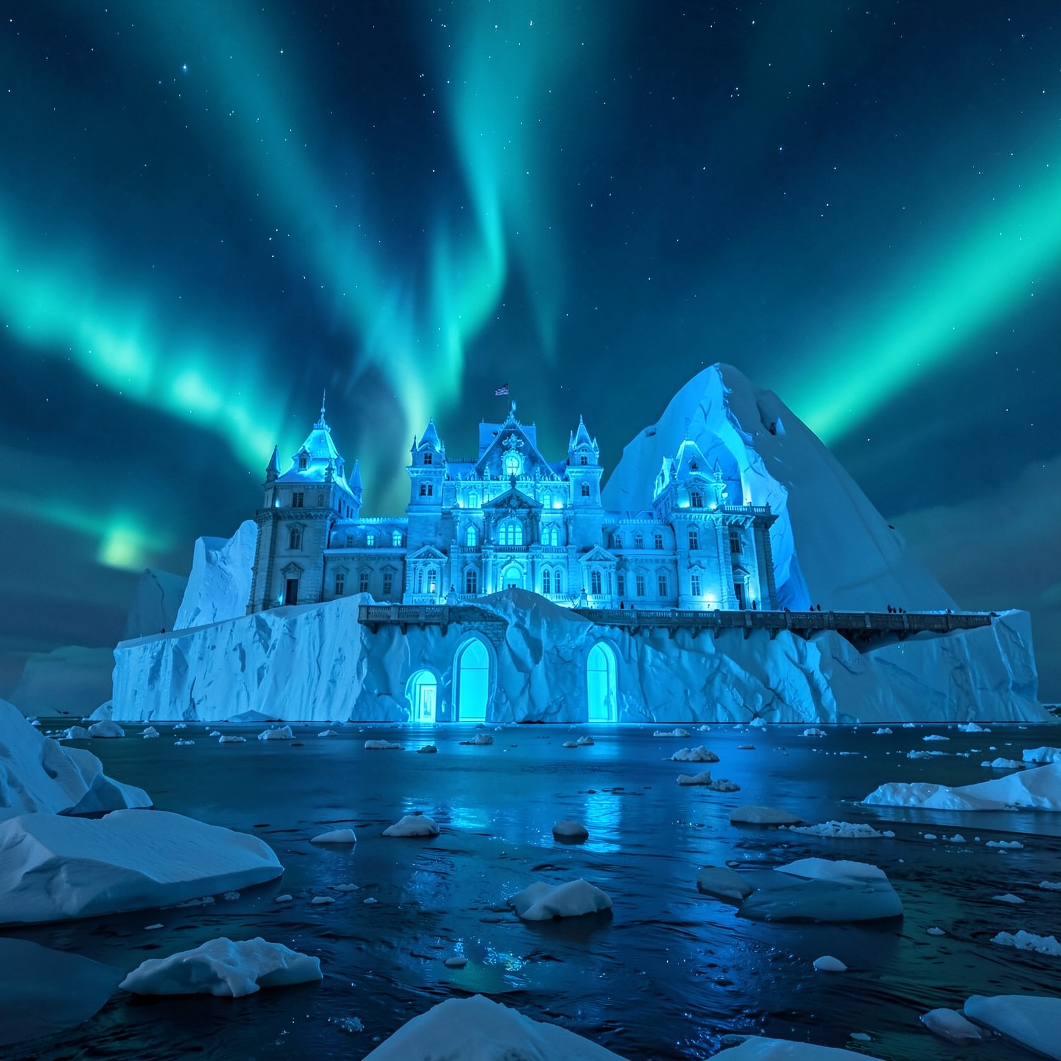 Massive iceberg palace glowing blue under northern lights