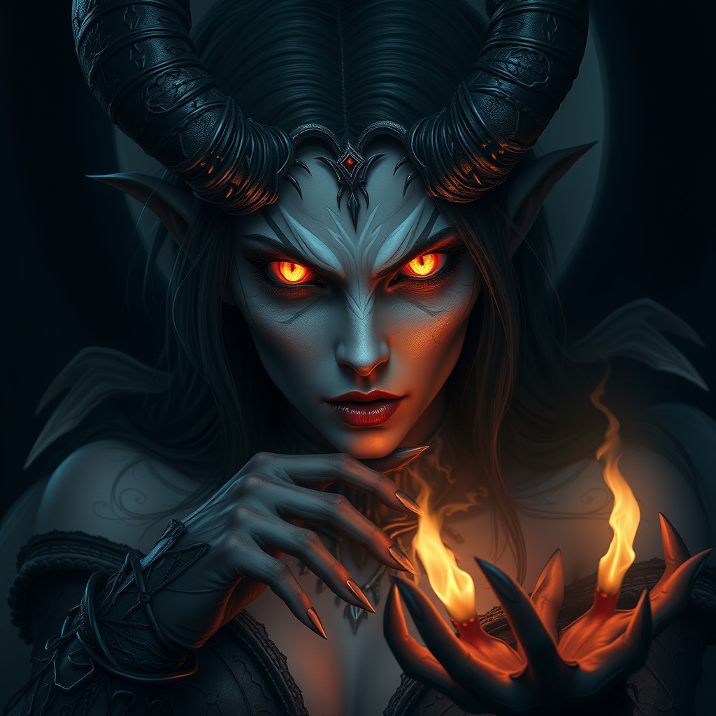 dark fantasy demon queen, glowing eyes, gothic atmosphere, ultra detailed