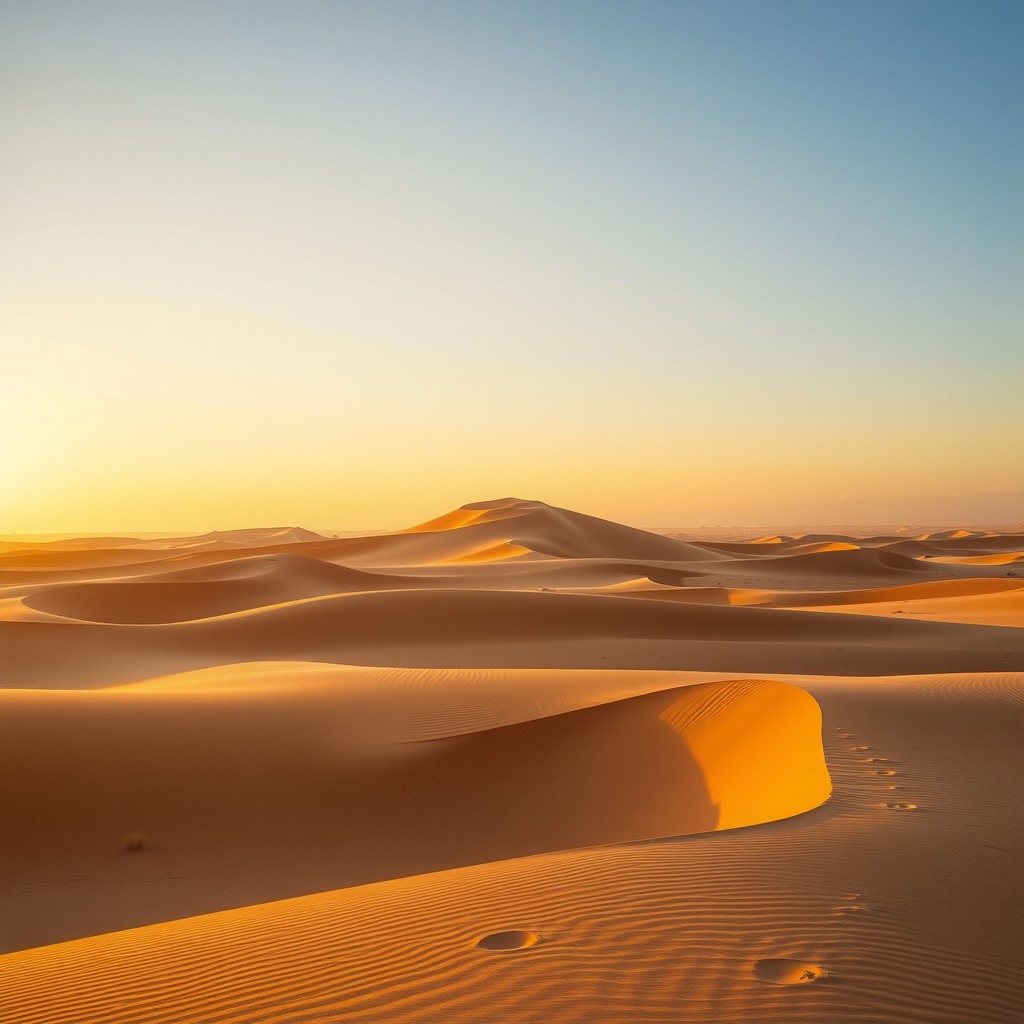 Editorial photography of a desert landscape with sand dunes at golden hour, smooth gradients, realistic shadows