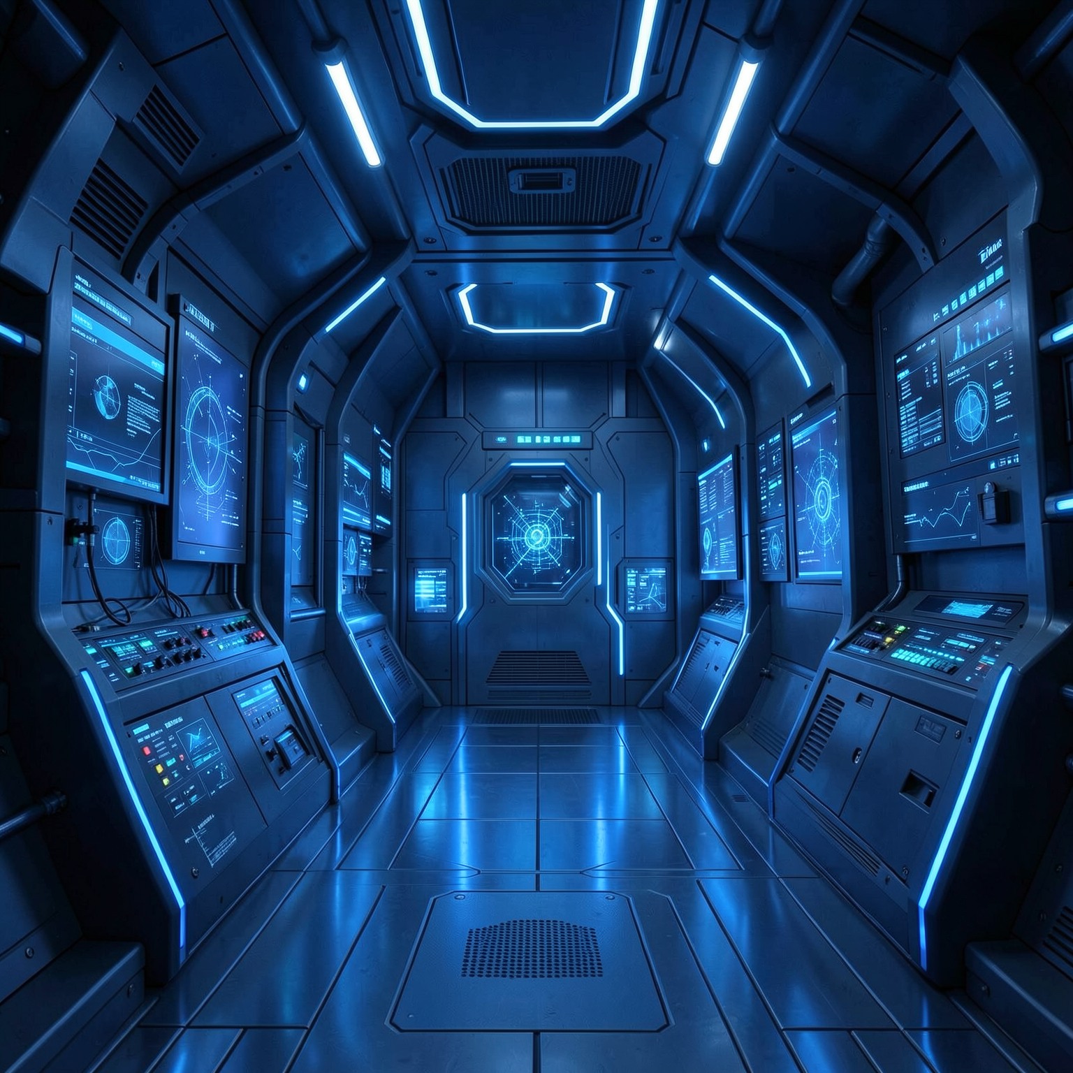 Futuristic AI core room glowing blue