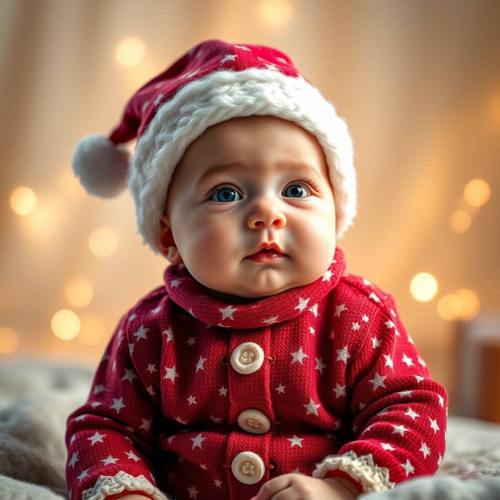 cute baby in christmas outfit, soft light, photorealistic