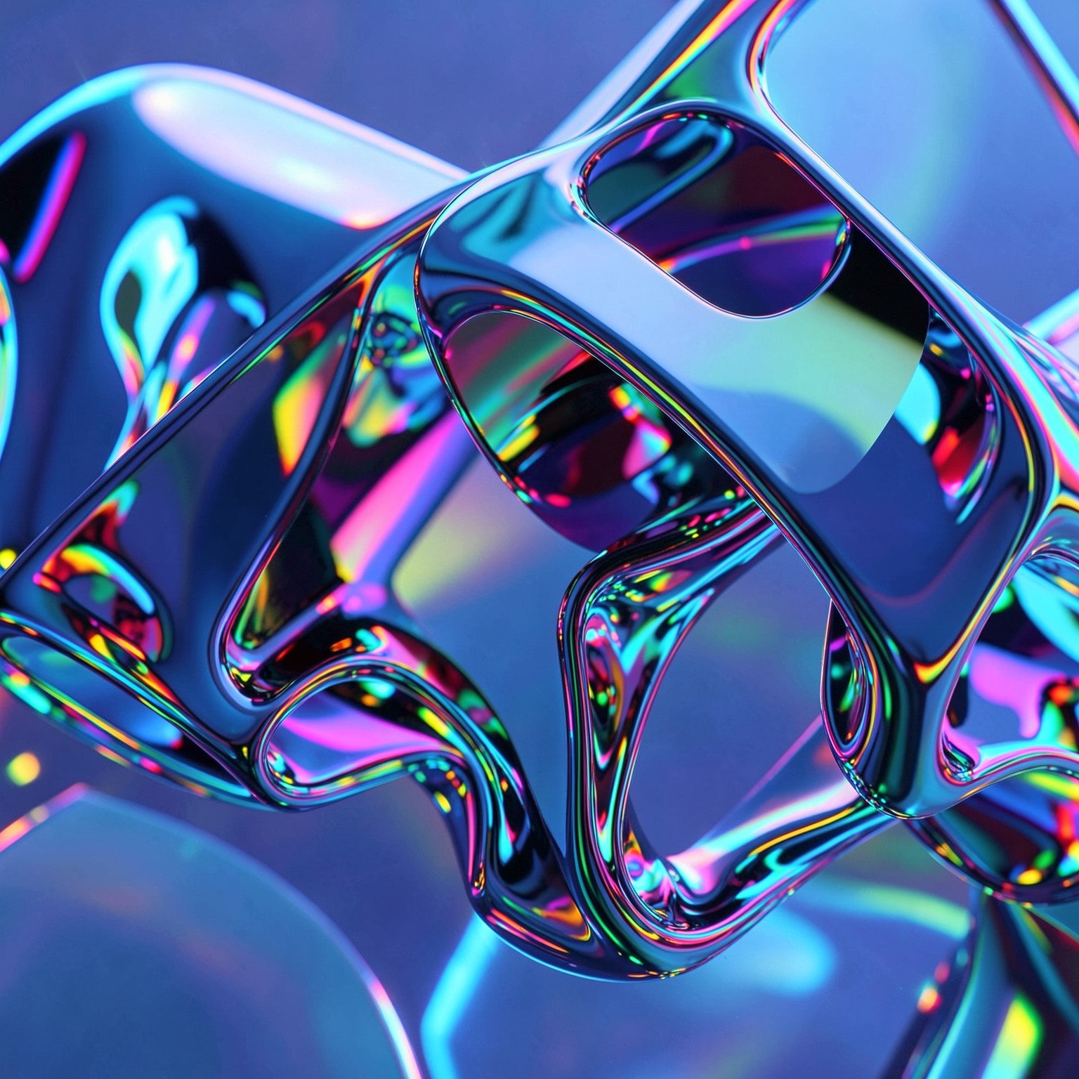 Abstract liquid chrome shapes with colorful reflections, futuristic design