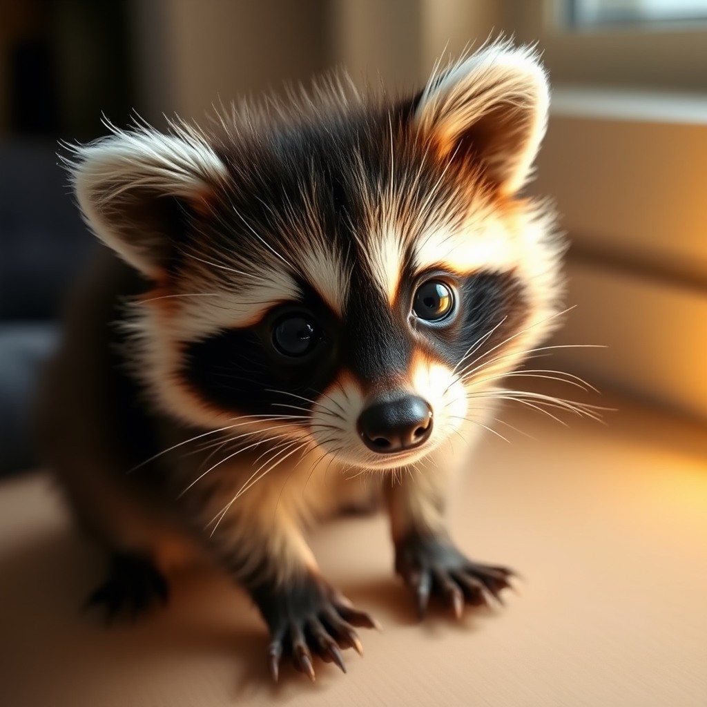 tiny raccoon, cozy indoor light, big sparkling eyes