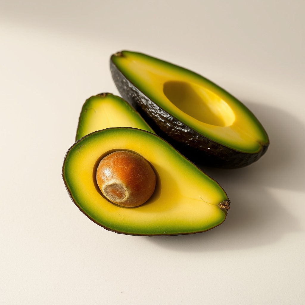 ripe avocado cut in half, realistic texture, natural light