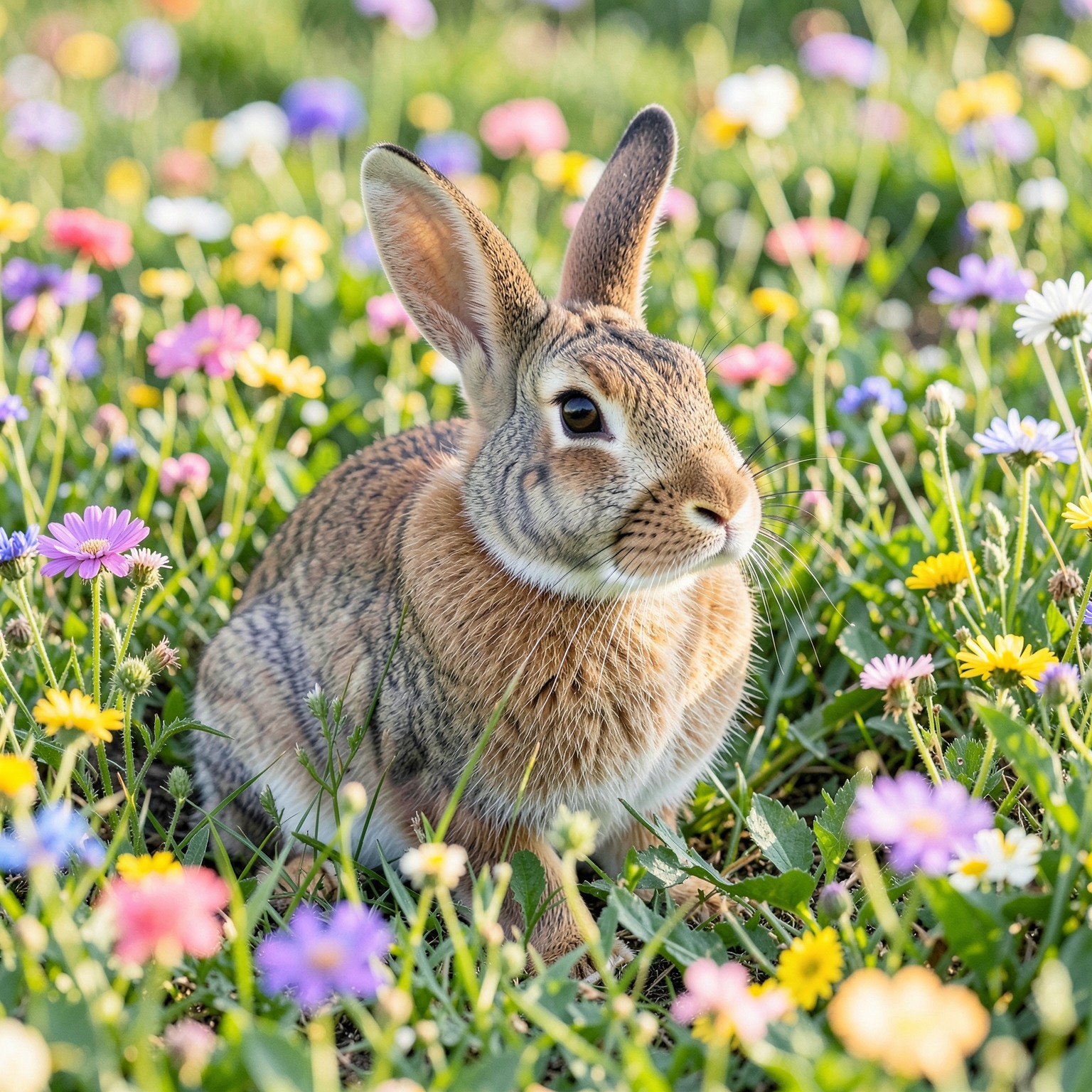 realistic rabbit inside flower meadow