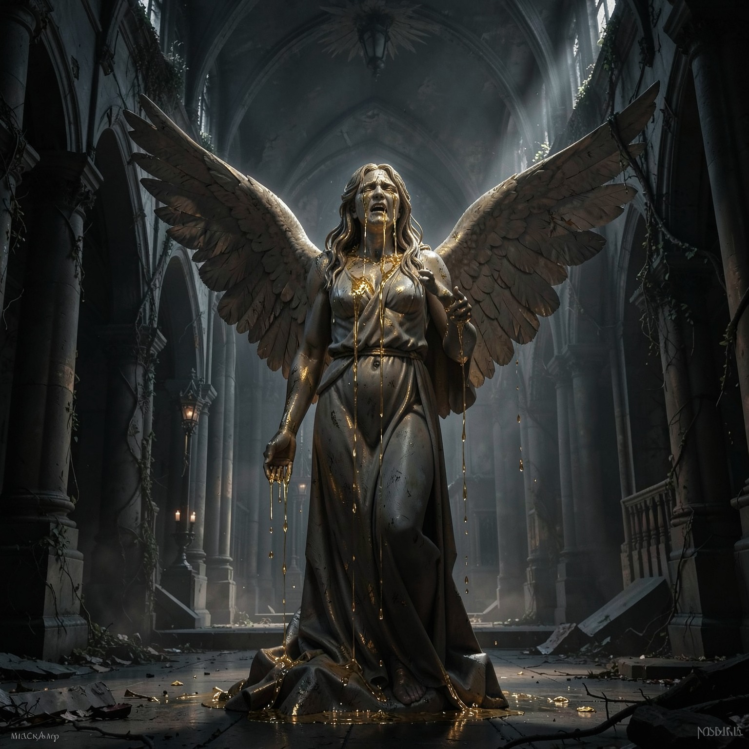 Angel statue crying liquid gold in abandoned cathedral, dark fantasy aesthetic