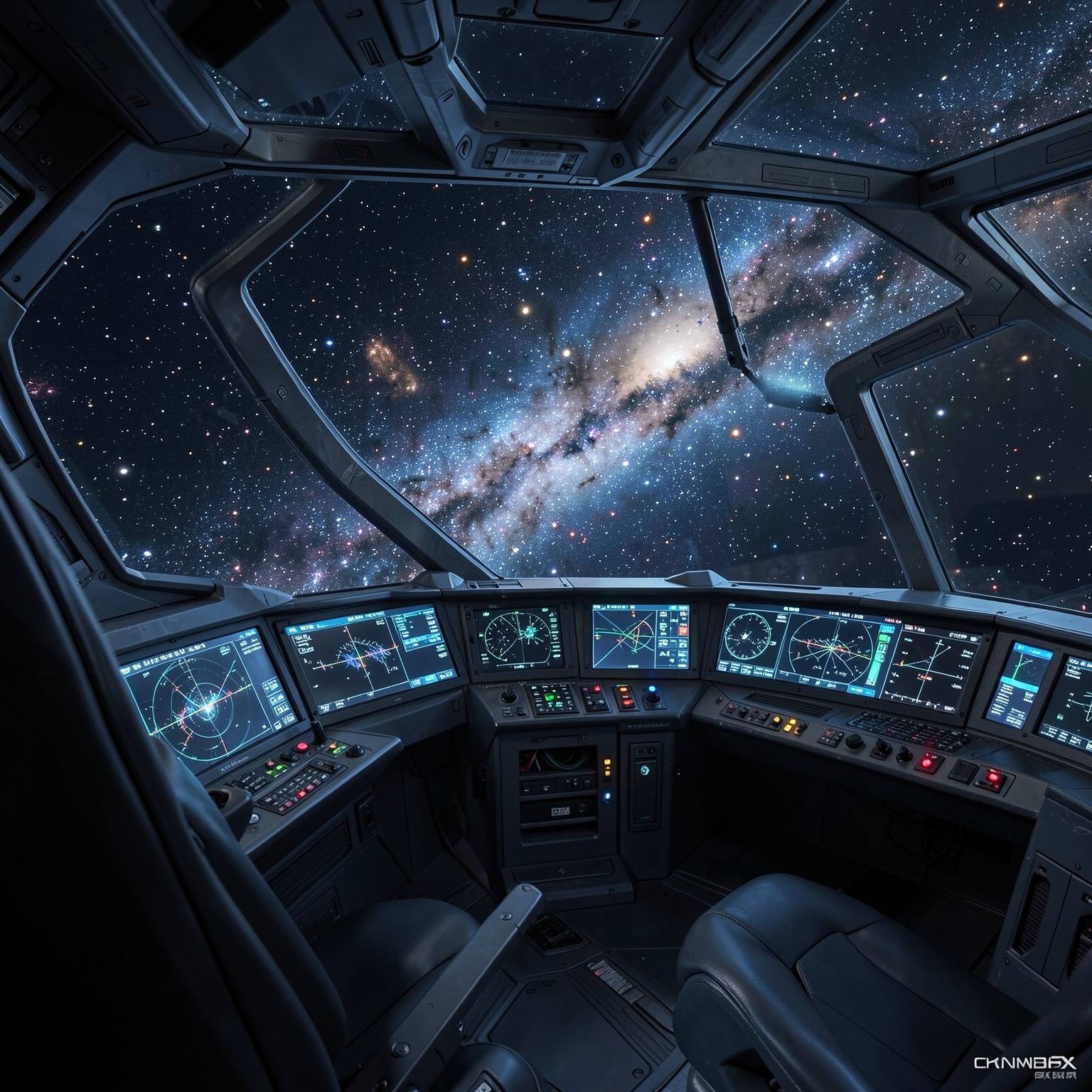 Futuristic spaceship cockpit overlooking galaxy