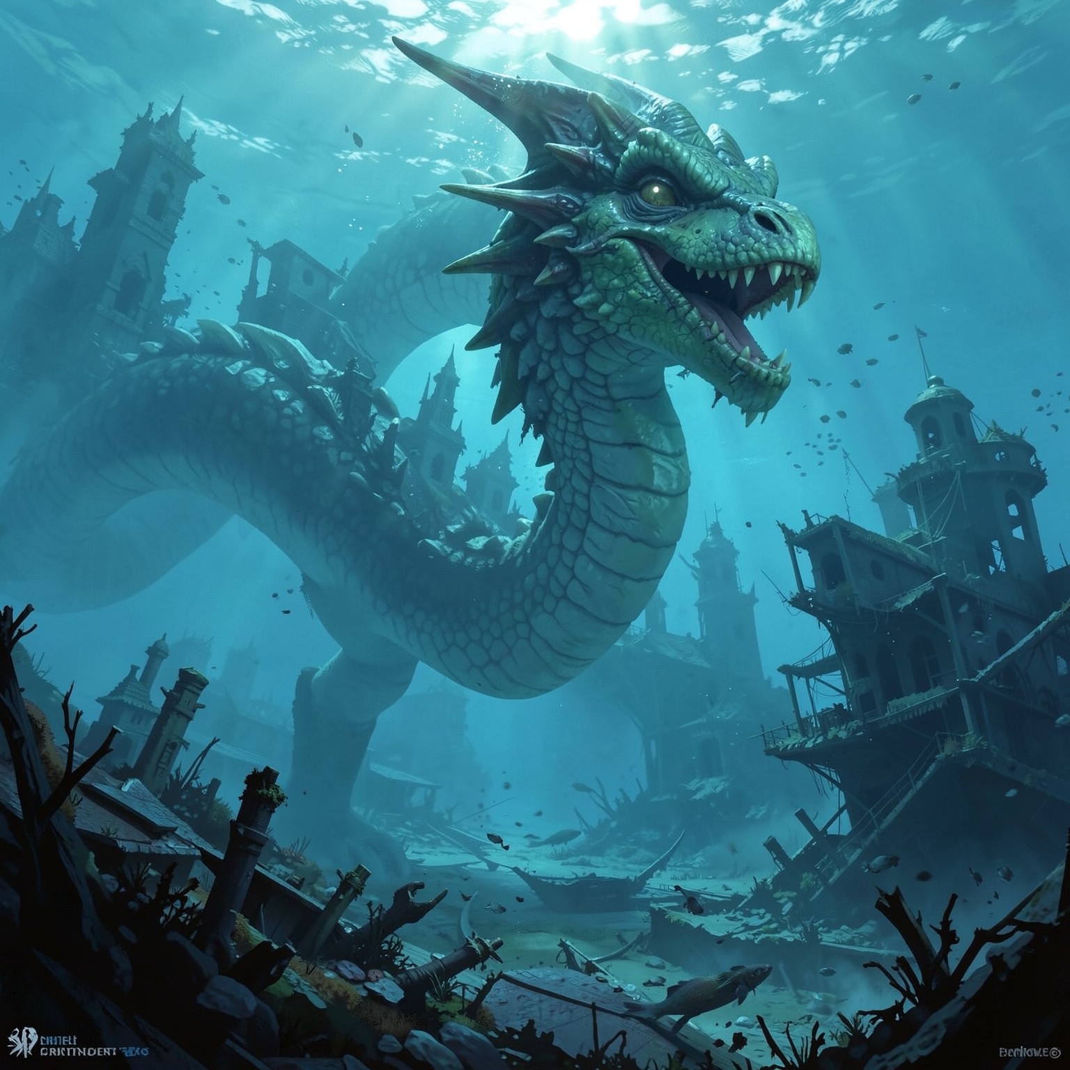 Giant underwater dragon near sunken city