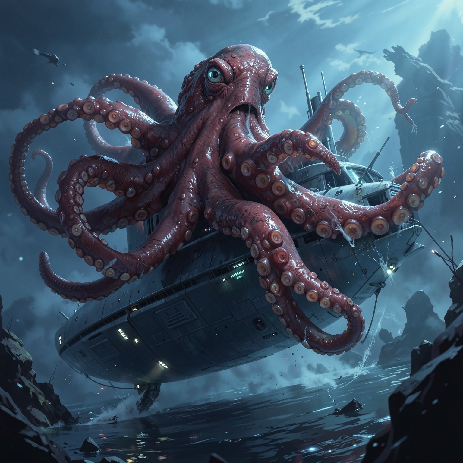 Giant octopus attacking futuristic submarine