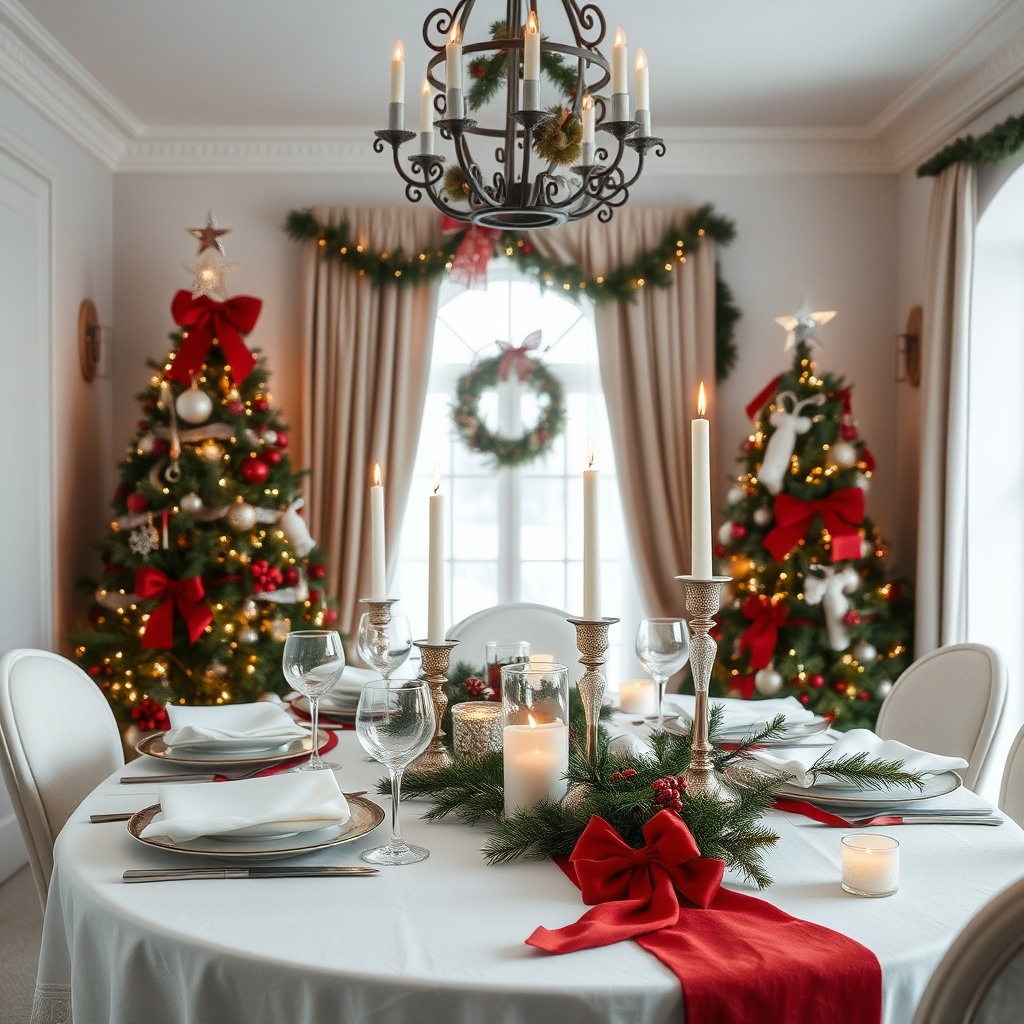 beautiful christmas table setting, elegant decorations, soft lighting