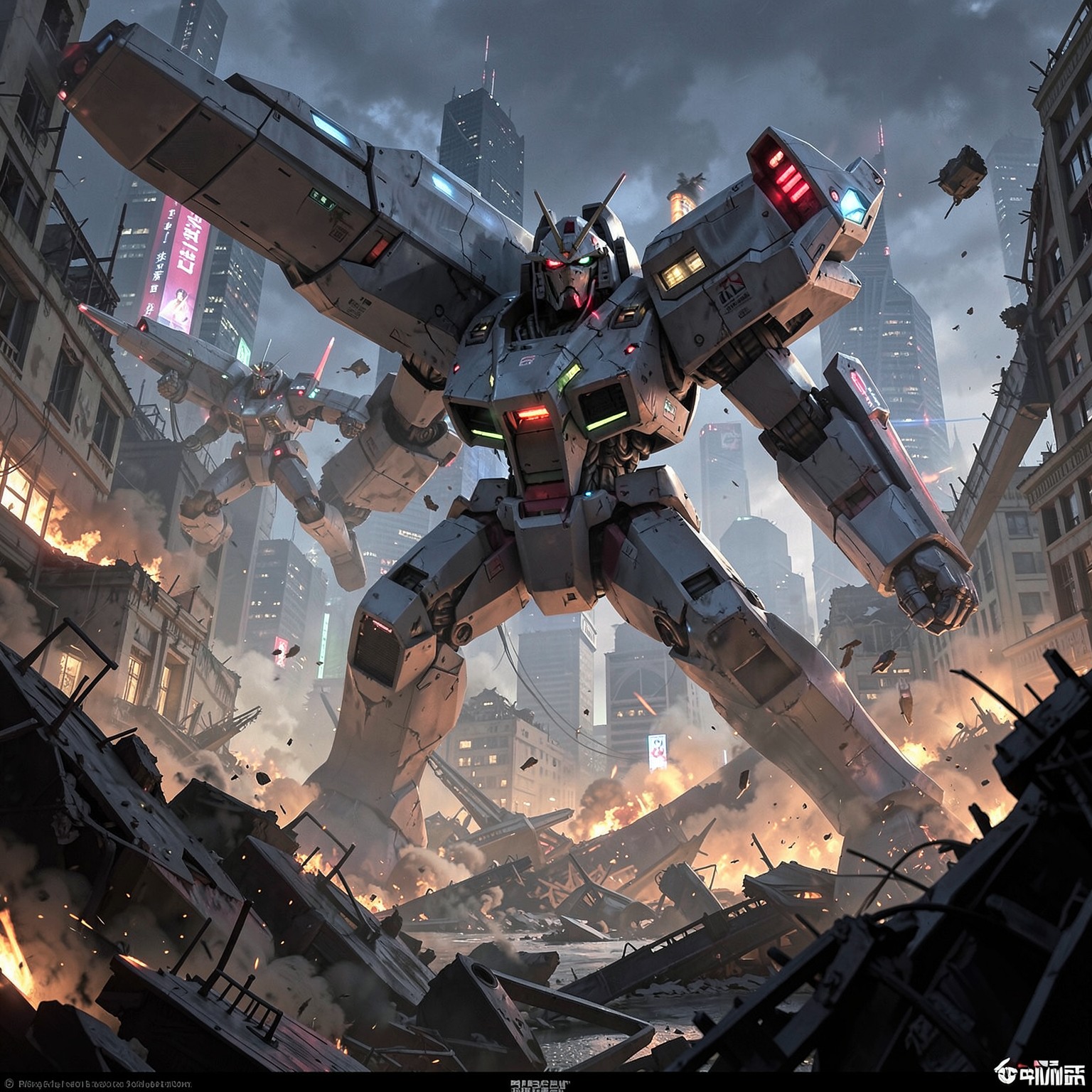 giant mecha battle in destroyed futuristic city