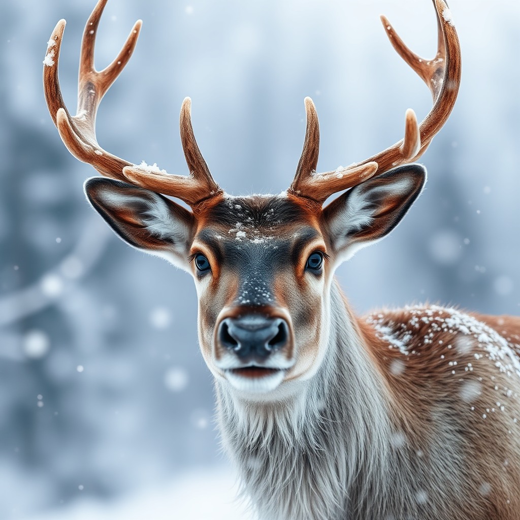 christmas reindeer portrait, snowy background, ultra realistic