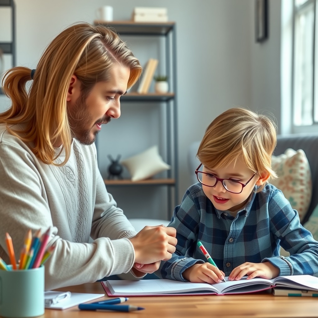 Photo-realistic editorial photography, realistic scene representing parents helping child with homework
