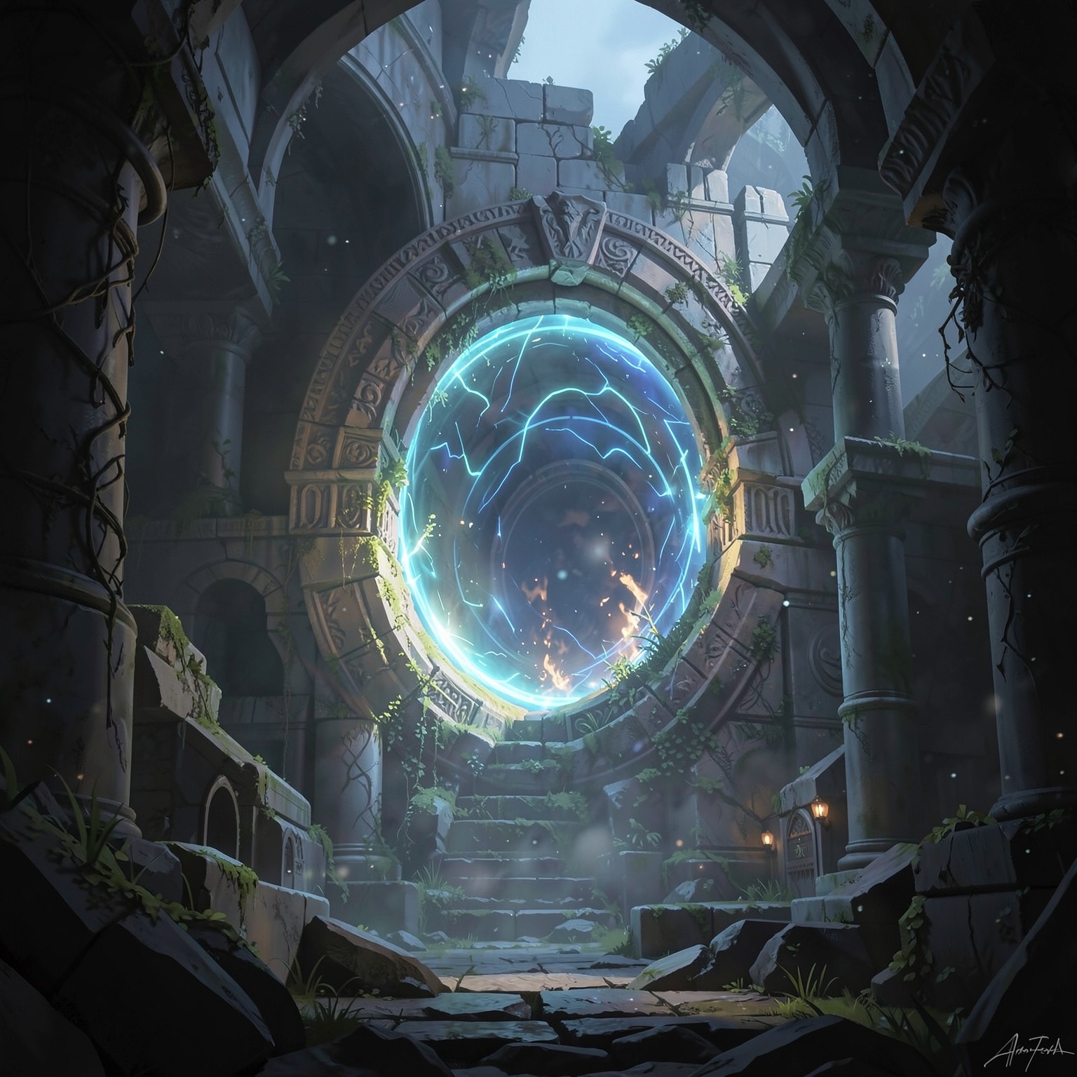 fantasy portal opening inside ancient ruins