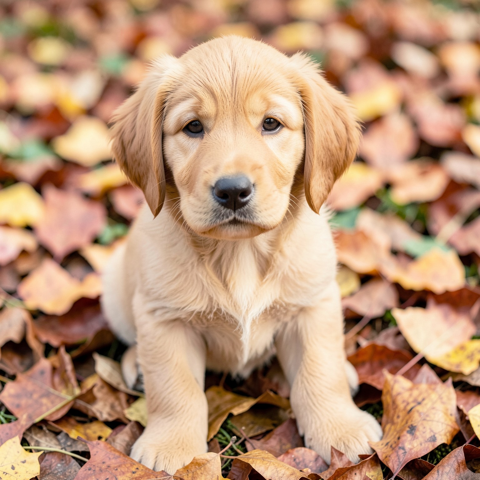 realistic golden retriever puppy in autumn leaves