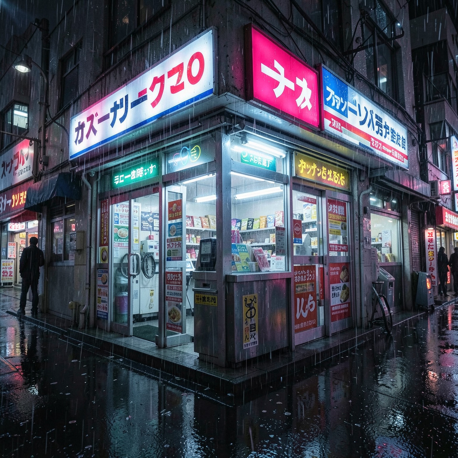 Cyberpunk convenience store in rainy Tokyo