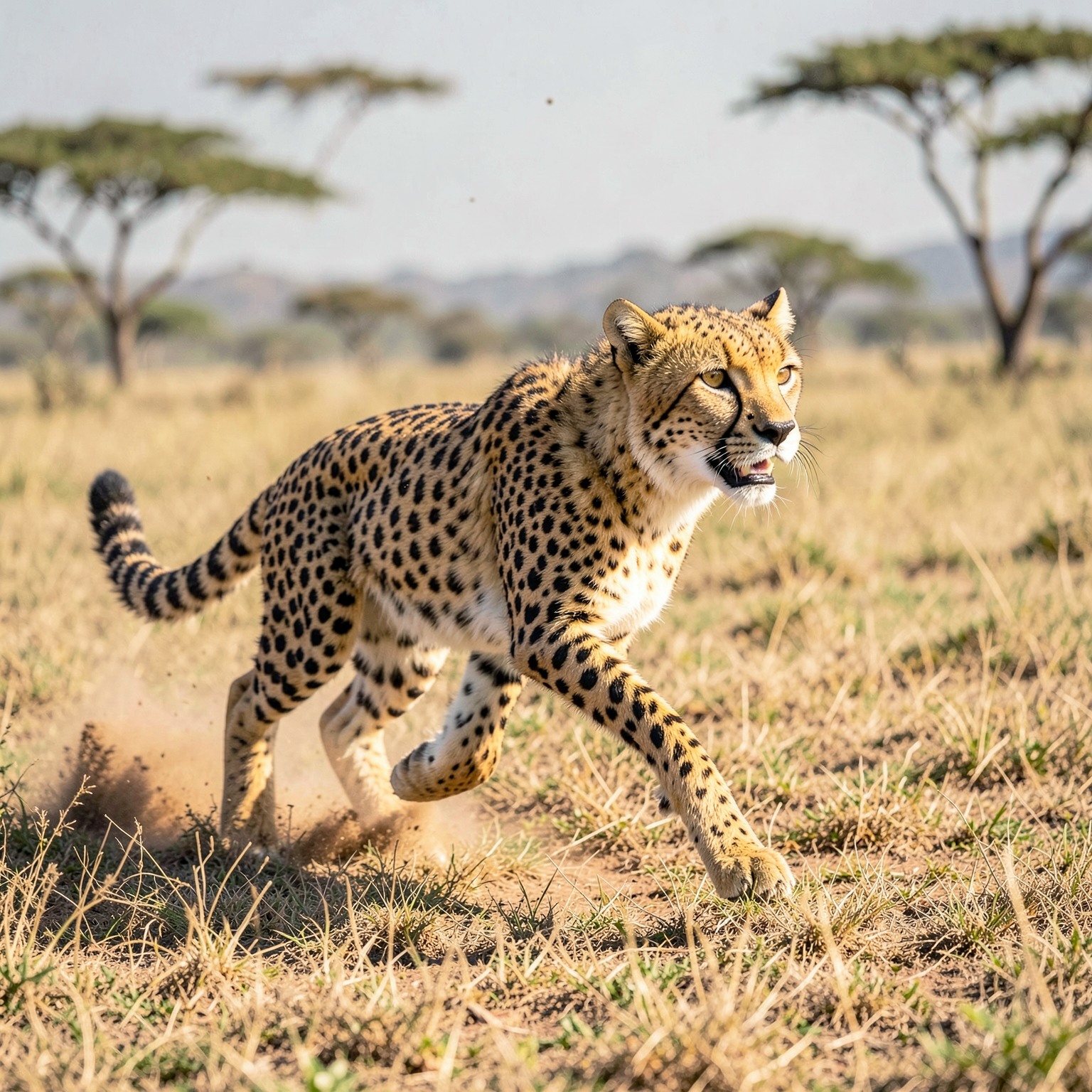 realistic cheetah sprinting through savanna
