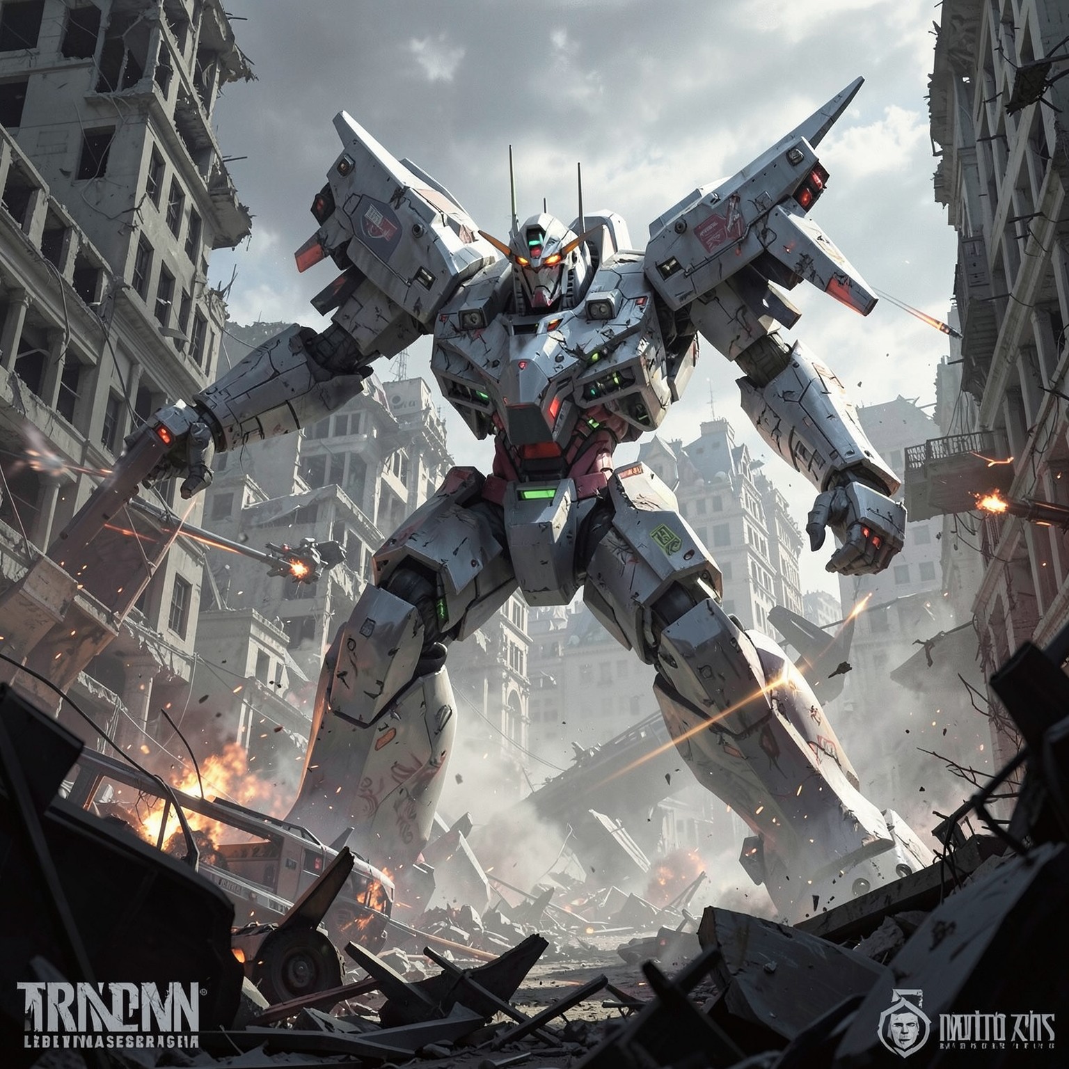 giant mecha battle inside destroyed city
