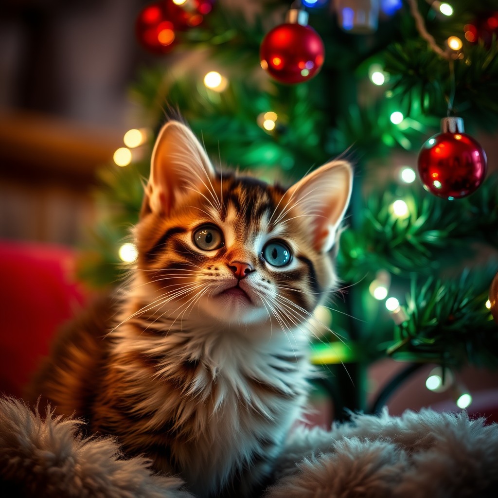 cute christmas cat near christmas tree, soft lighting, high detail fur