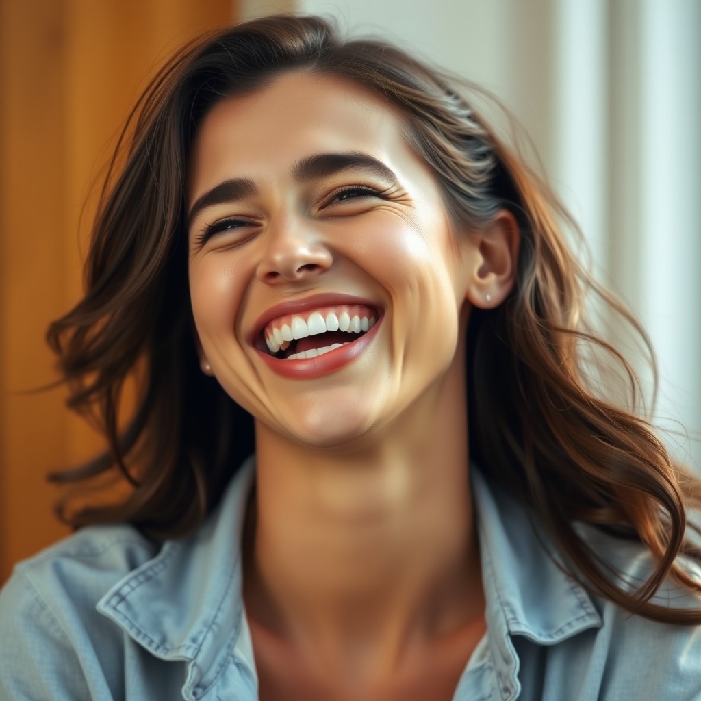 ultra realistic portrait of a woman laughing, natural emotion, soft daylight