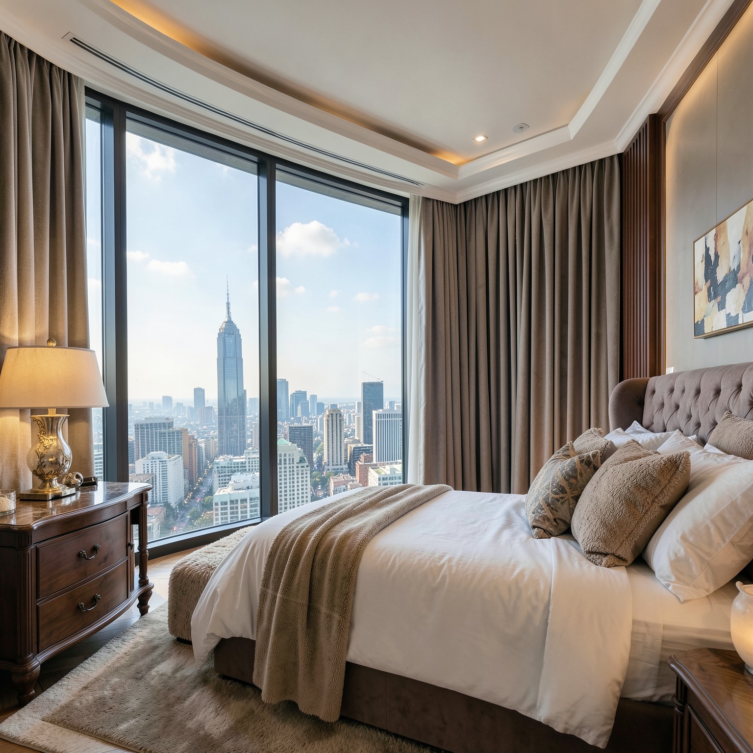 luxury bedroom with panoramic city view