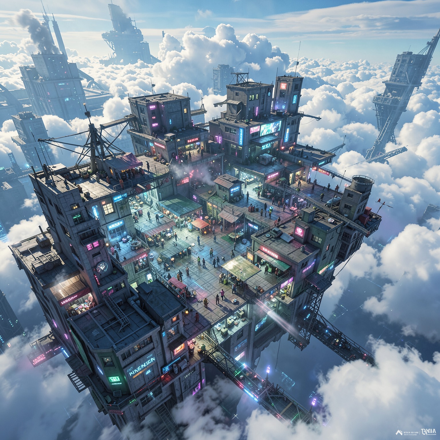 floating cyberpunk marketplace above clouds