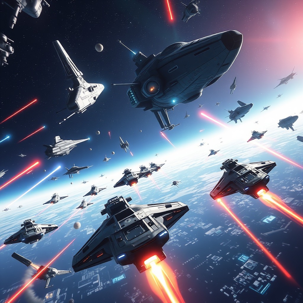 epic space battle with massive ships, lasers, cinematic wide shot