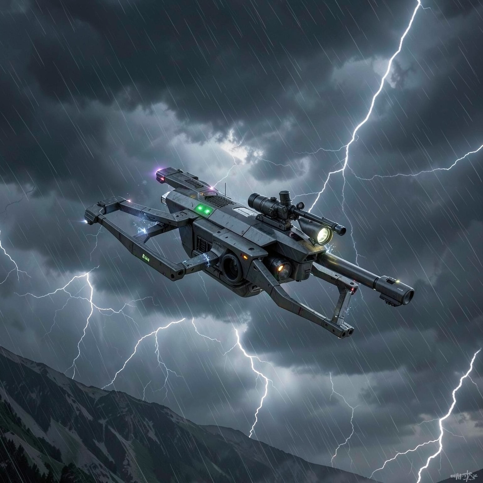 Futuristic sniper drone flying through storm