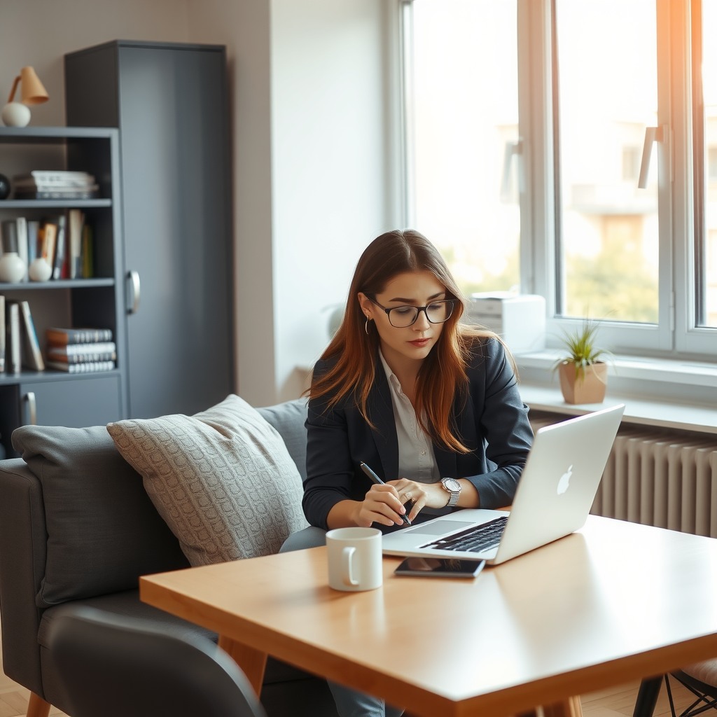 Photo-realistic editorial photography, realistic scene representing a young professional working on laptop in a bright apartment, natural window light