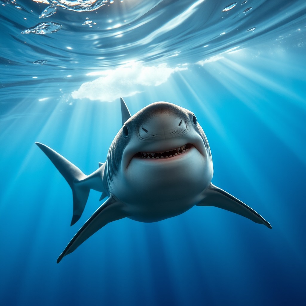 realistic shark swimming underwater, dramatic light rays