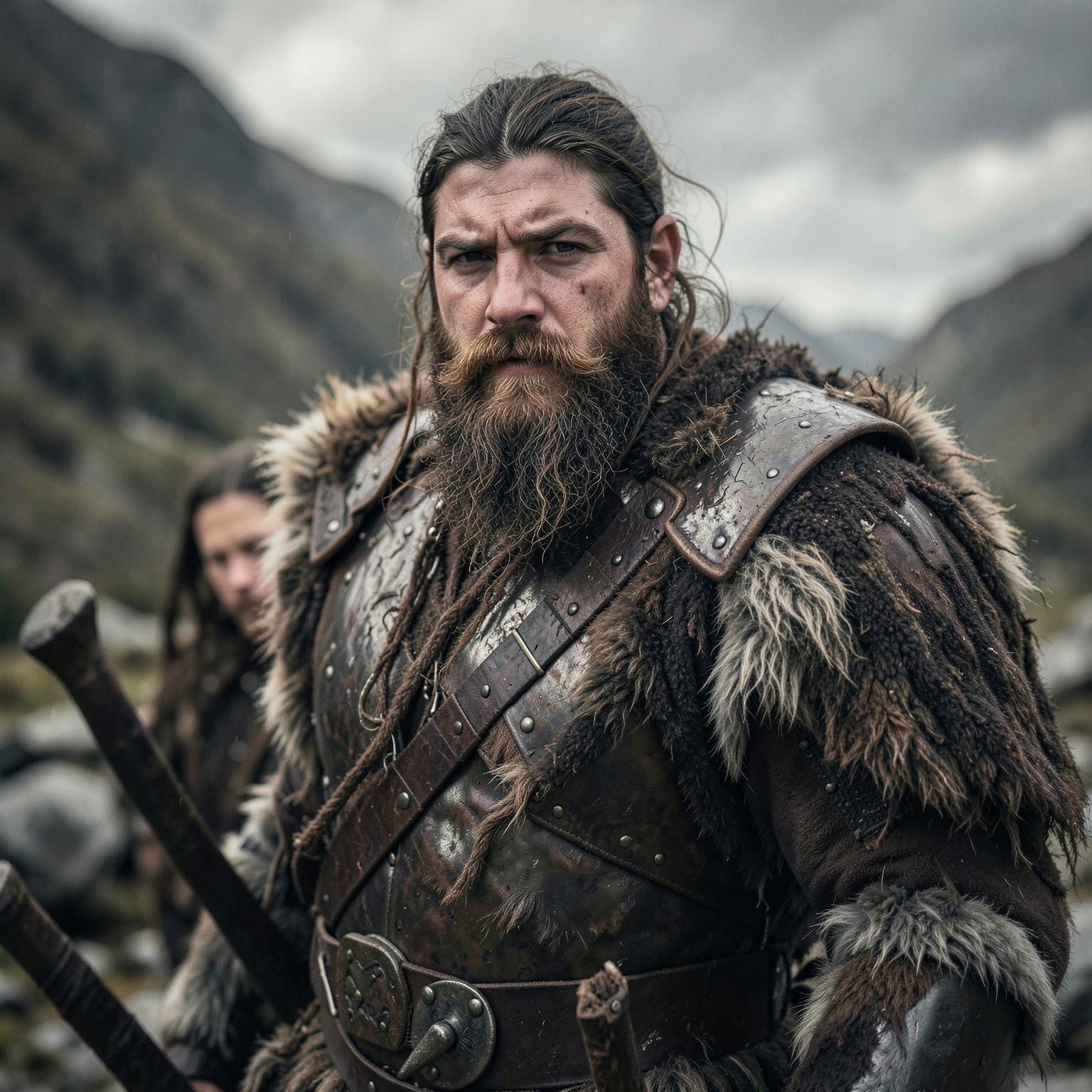 cinematic portrait of a Viking warrior with detailed beard and armor
