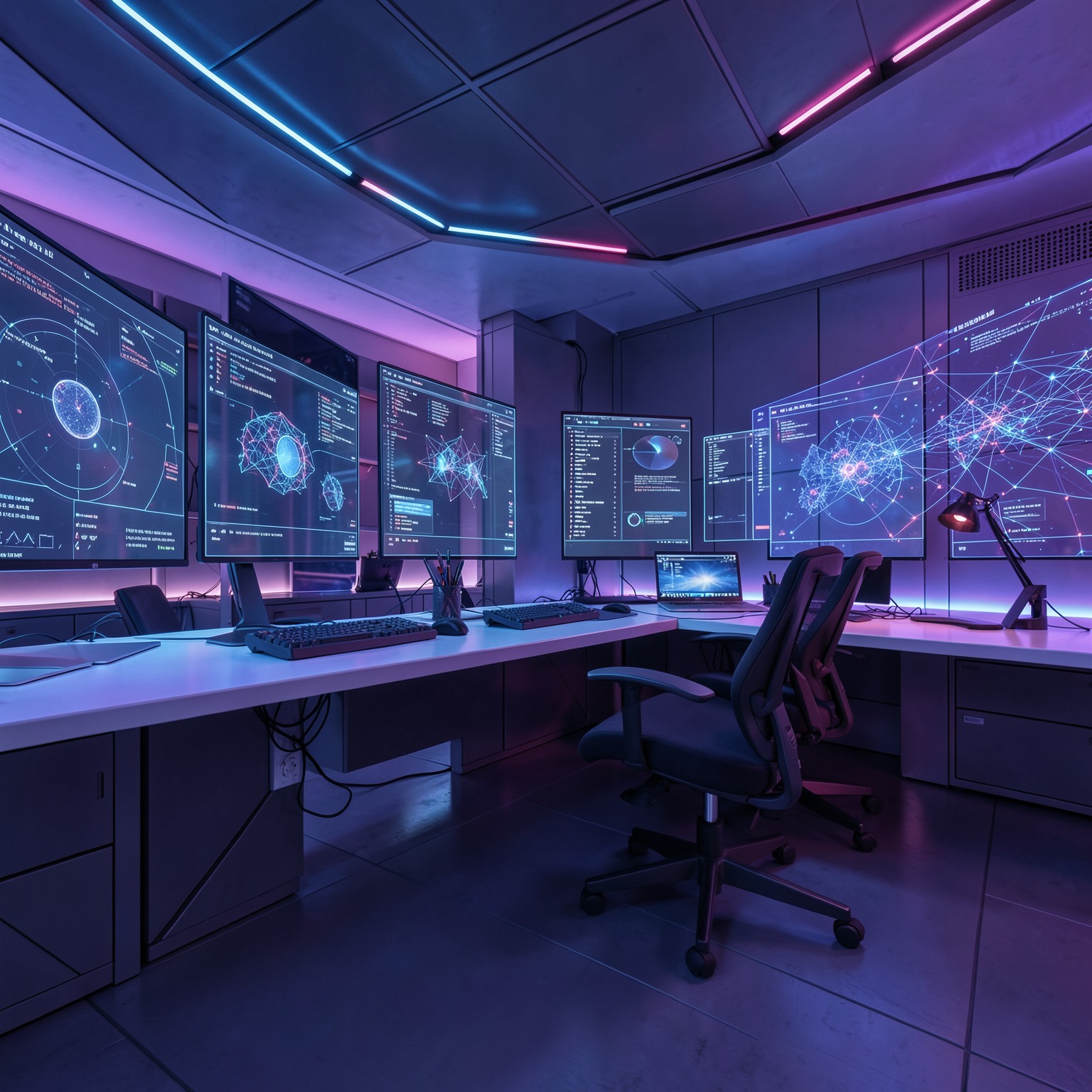 Futuristic workspace with holographic screens and ambient RGB lighting, ultra detailed