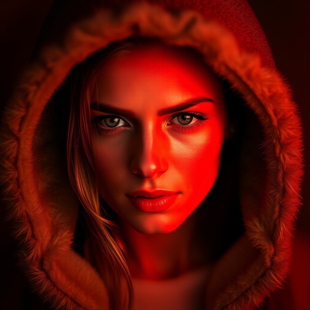 red hear woman, hyper-realistic, rim lighting, ultra sharp focus
