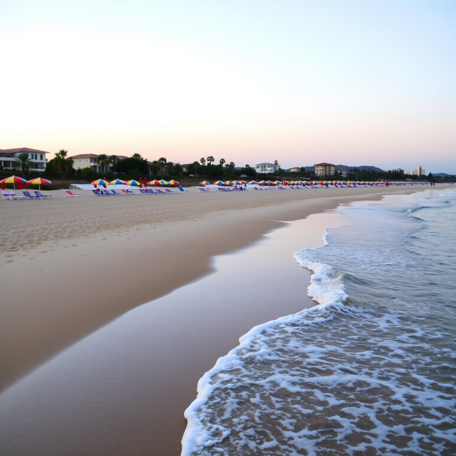 AI-generated serene beach scene at twilight with colorful umbrellas and gentle waves.