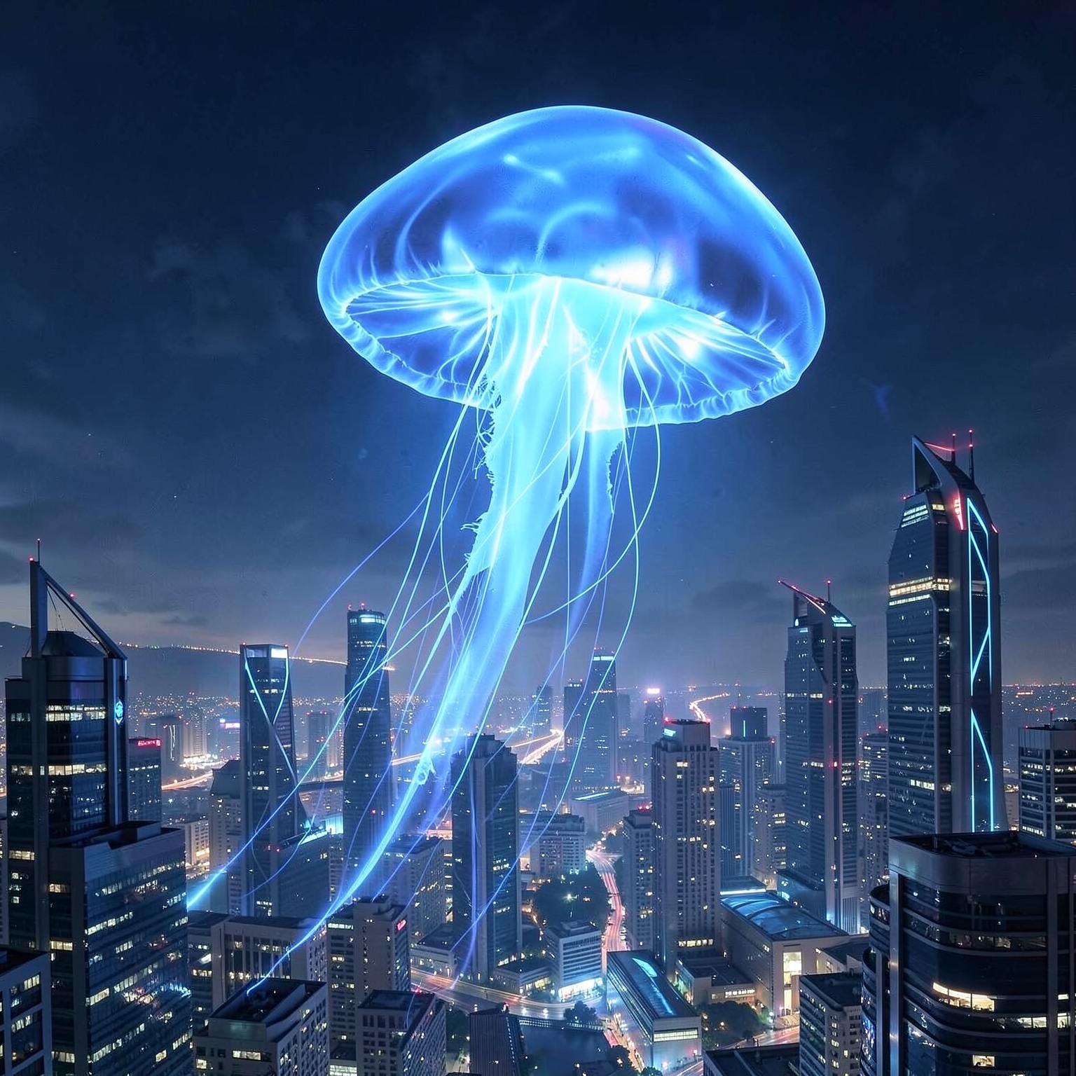 giant glowing jellyfish floating above futuristic city skyline