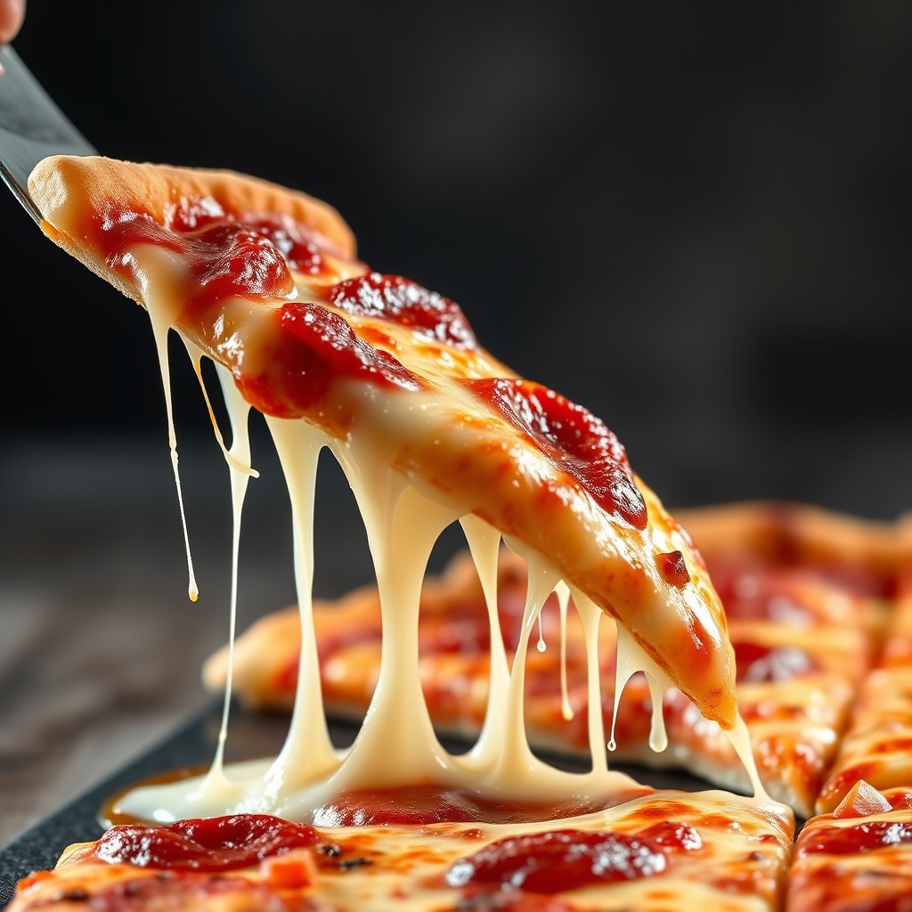 ultra realistic pizza slice, melted cheese, food commercial style