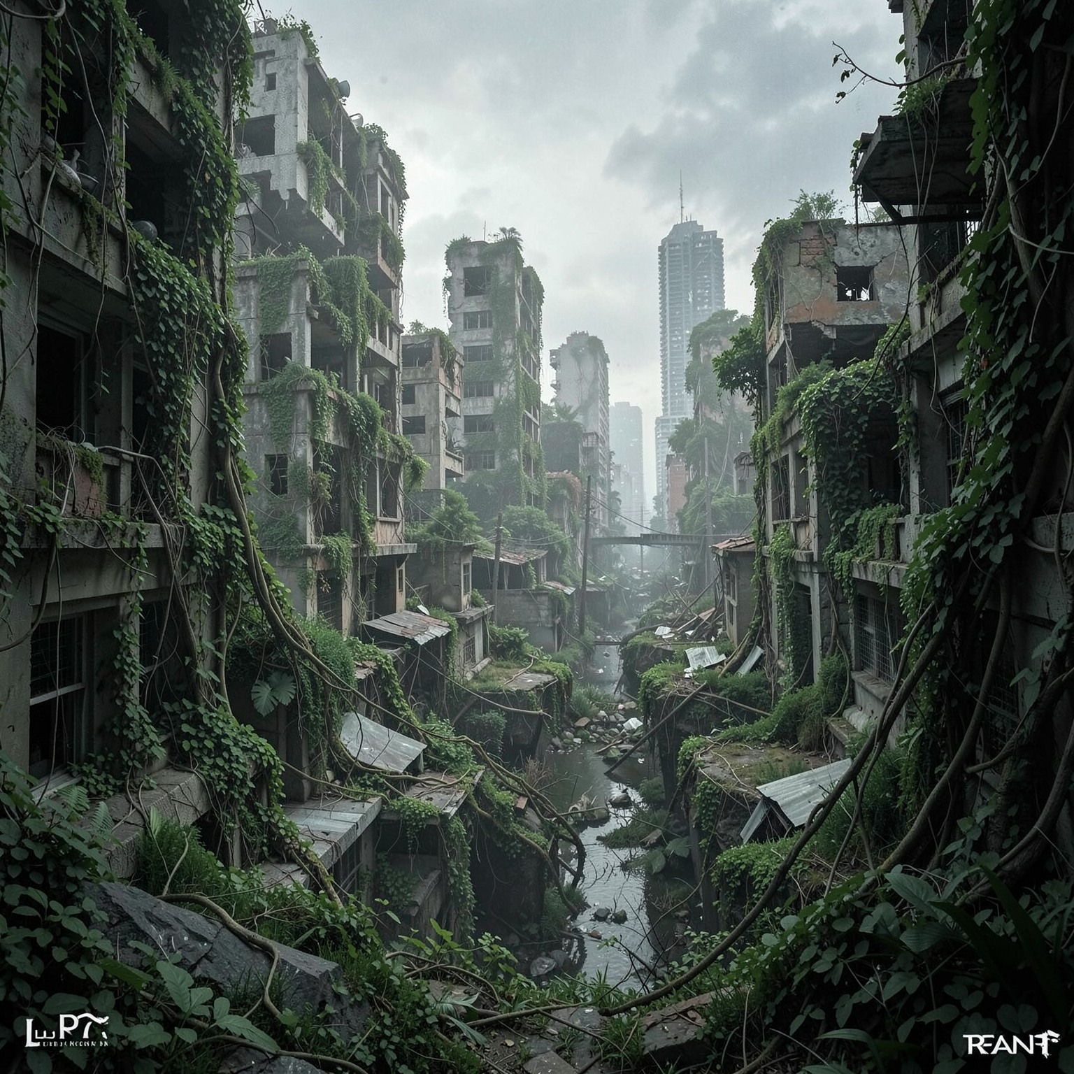 post-apocalyptic city overtaken by nature and vines
