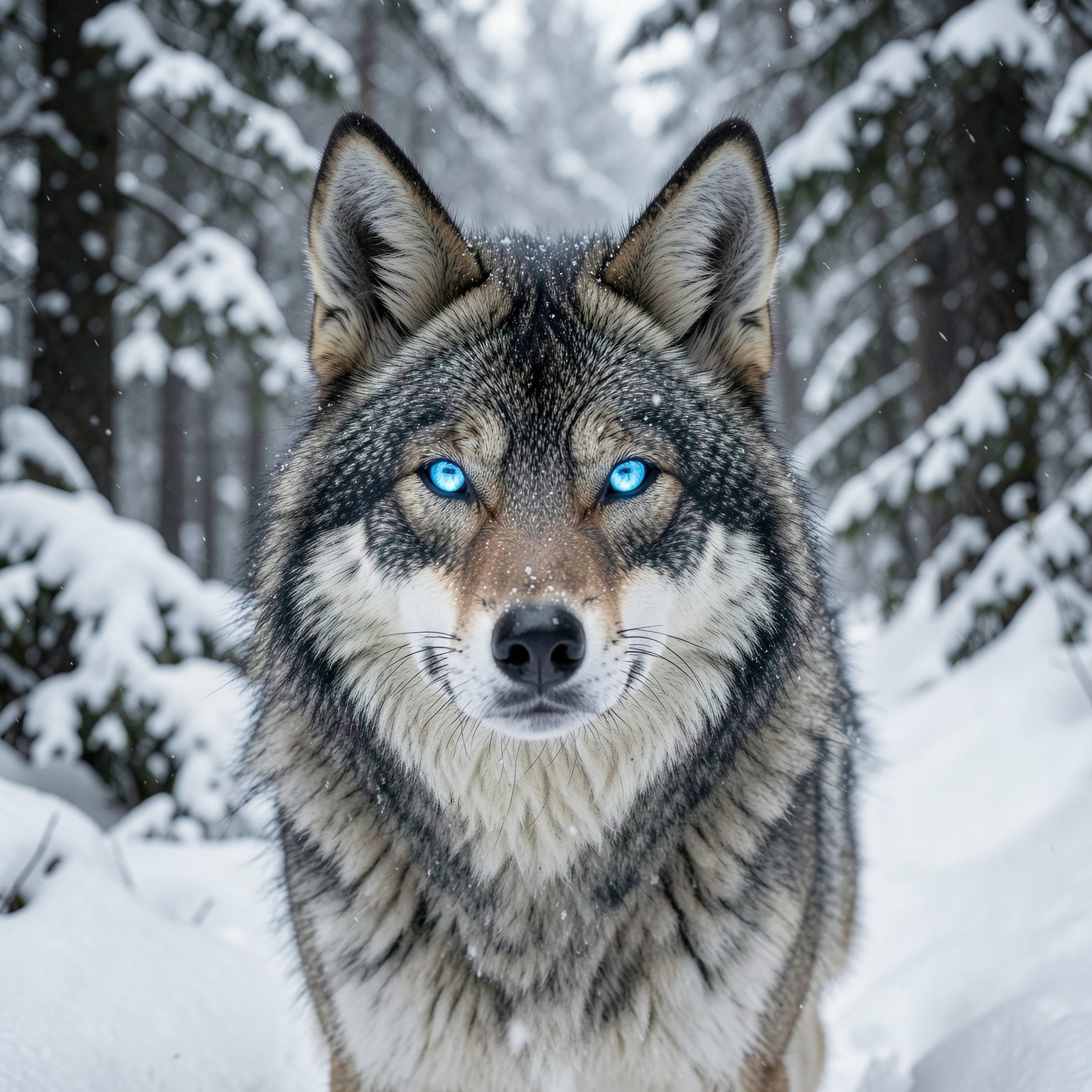 hyper realistic wolf with glowing blue eyes in snowy forest