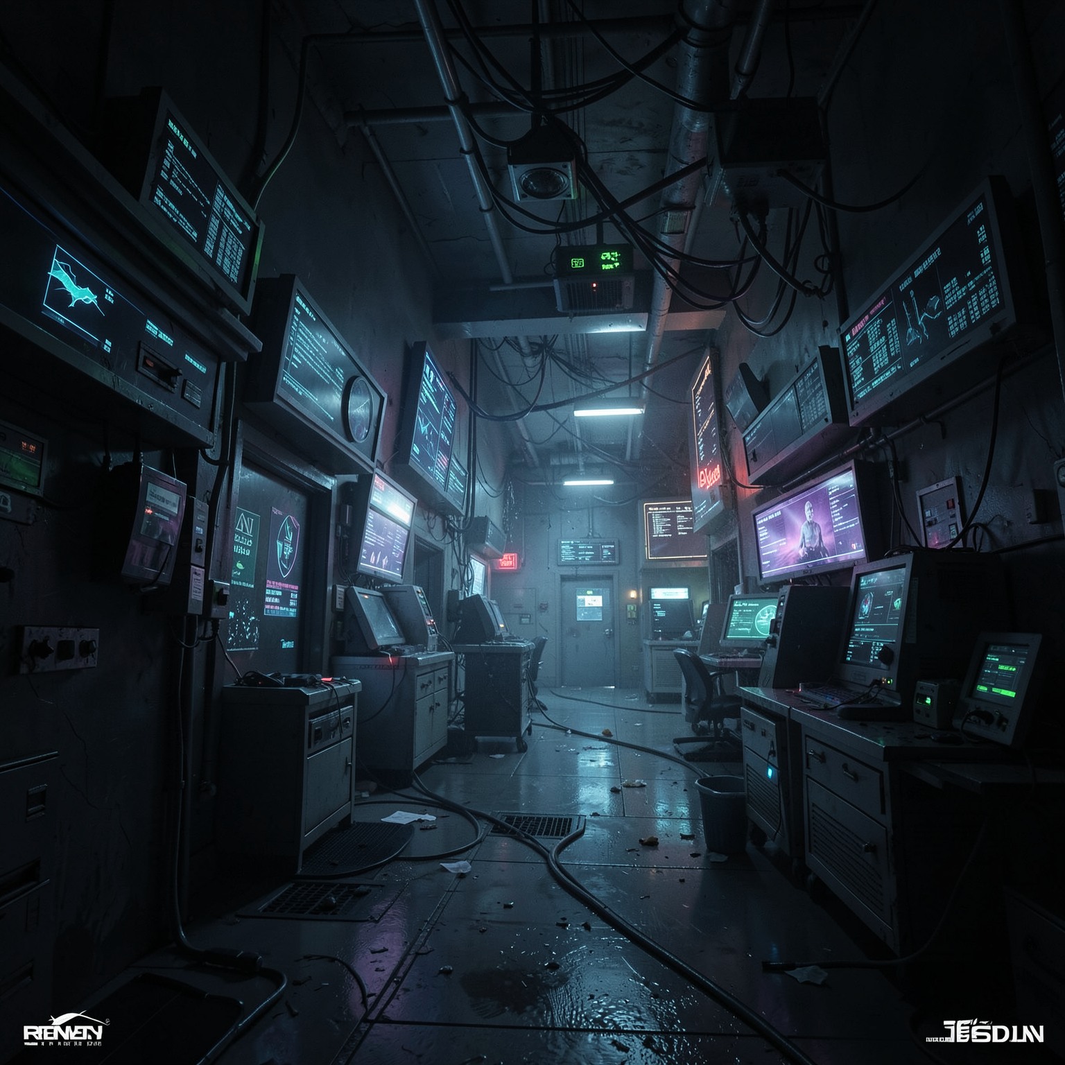 dystopian cyberpunk hospital, glowing screens, dark atmosphere