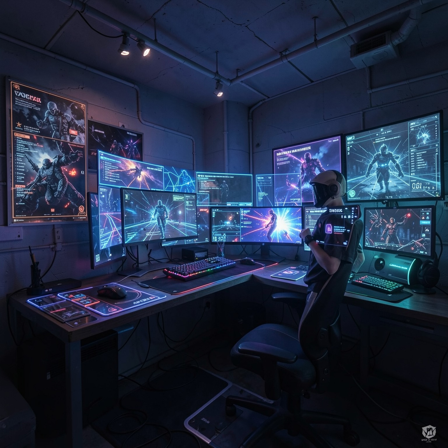 Cyberpunk gamer room with holographic screens