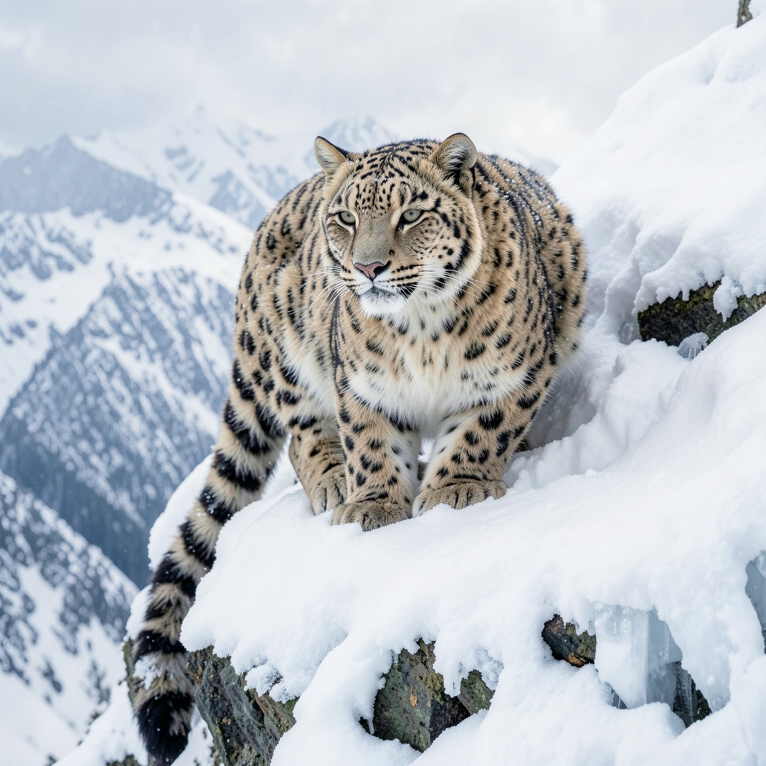 realistic snow leopard on icy cliff