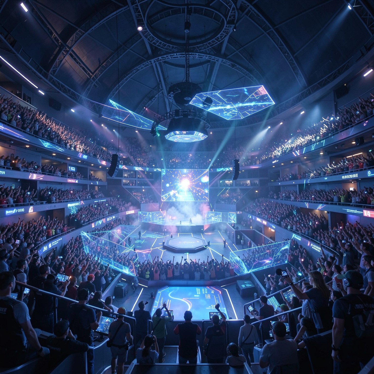 Futuristic gaming arena with holographic crowd