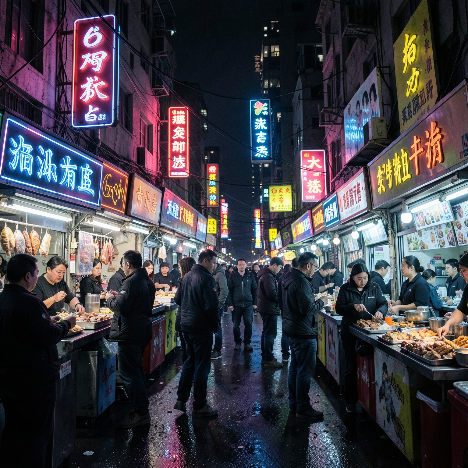 cyberpunk street food market at midnight, neon signs, realistic people