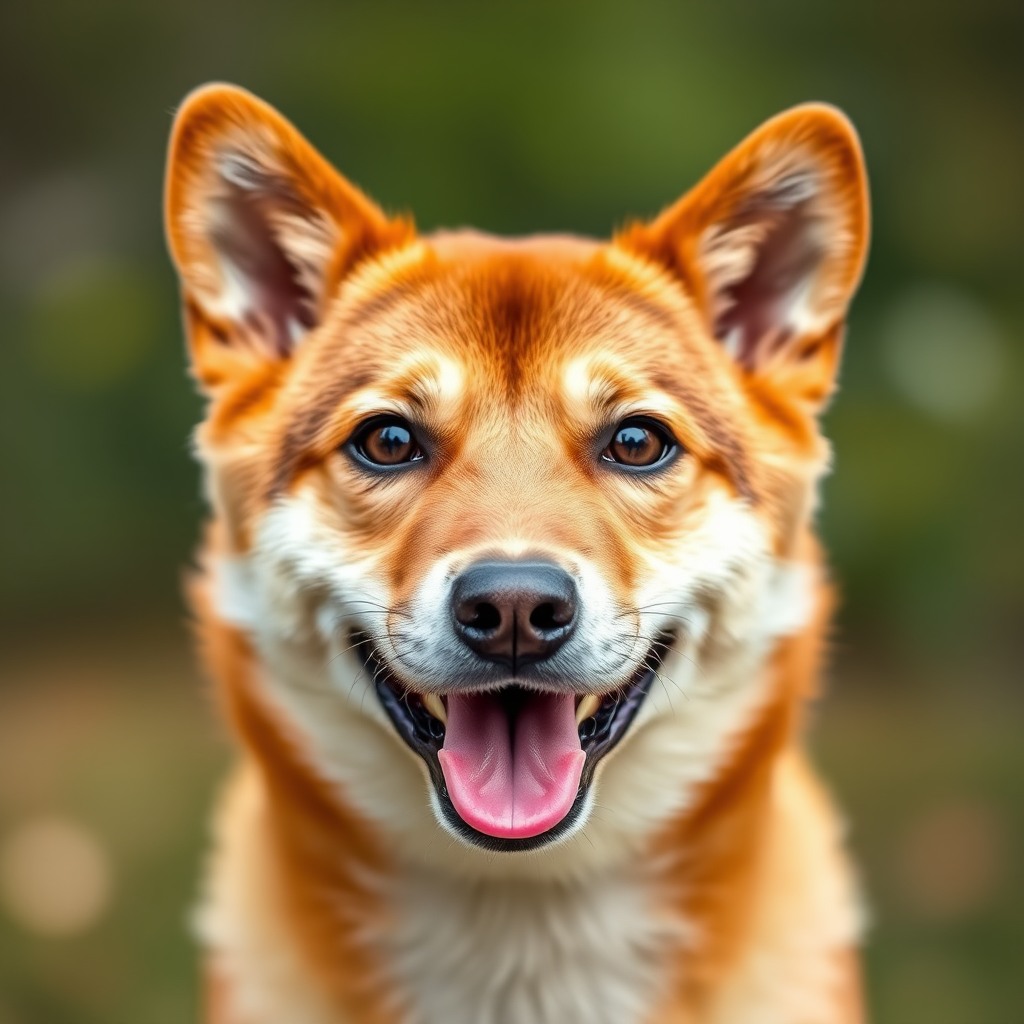 happy shiba inu, bokeh background, big sparkling eyes