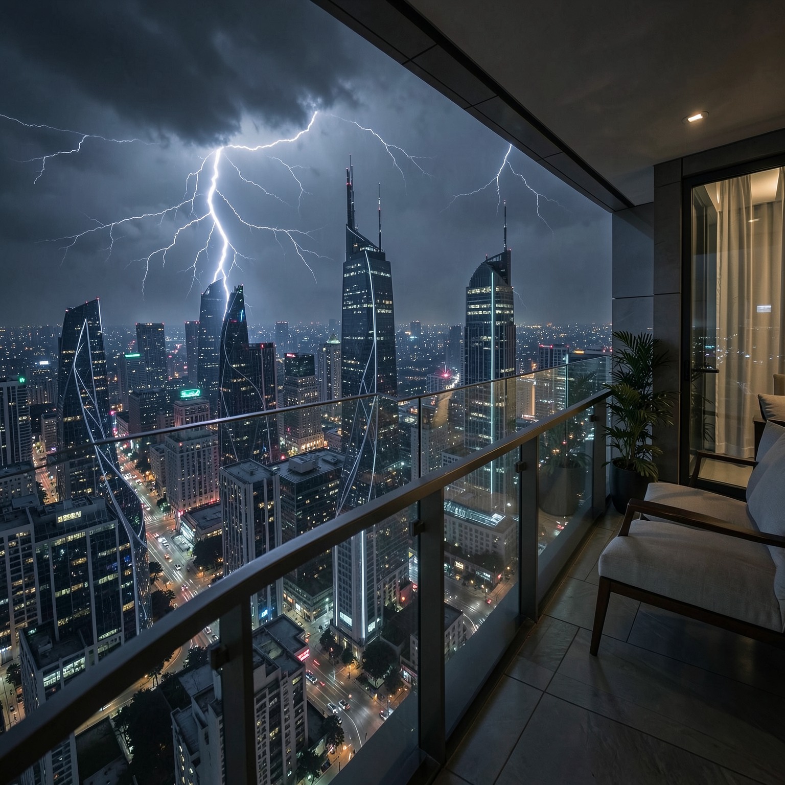 Luxury penthouse balcony above futuristic city during thunderstorm, moody lighting, ultra detailed