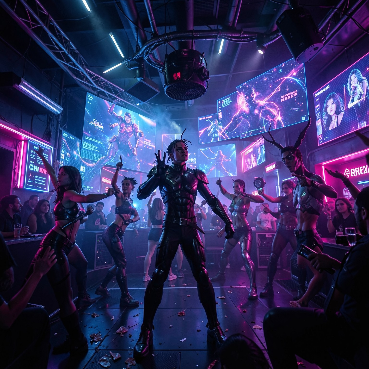 cyberpunk nightclub with neon dancers and holographic screens
