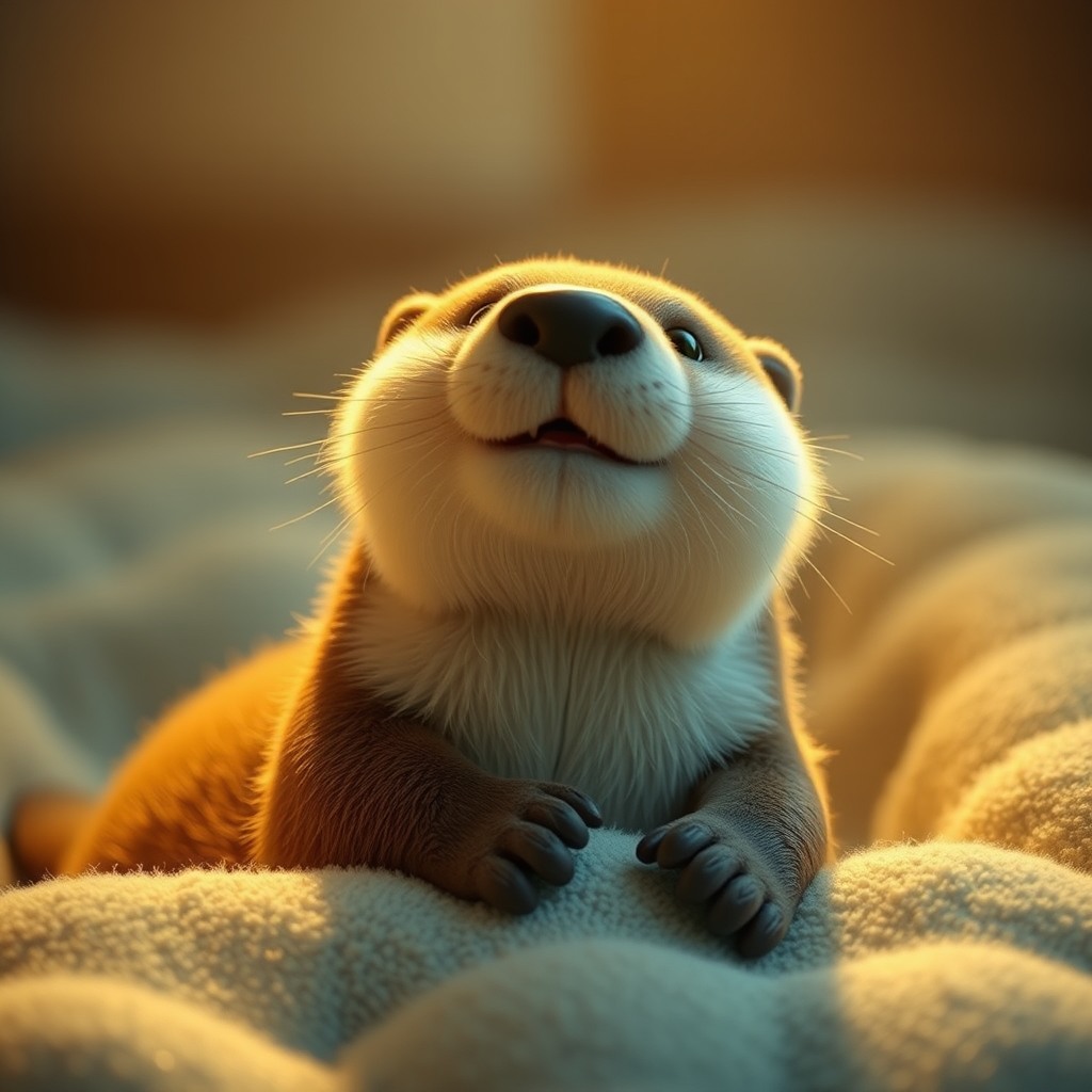 happy otter, warm cinematic lighting, plush toy proportions