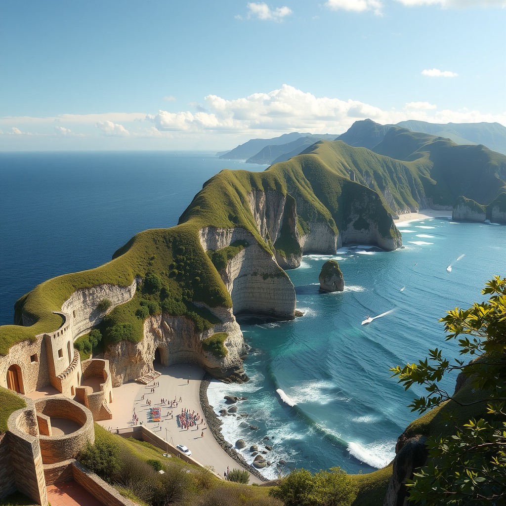 Photo-realistic editorial photography, realistic scene representing coastal panorama