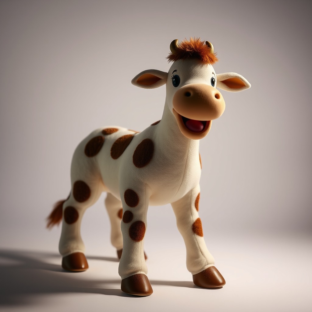 happy calf, studio lighting, plush toy proportions