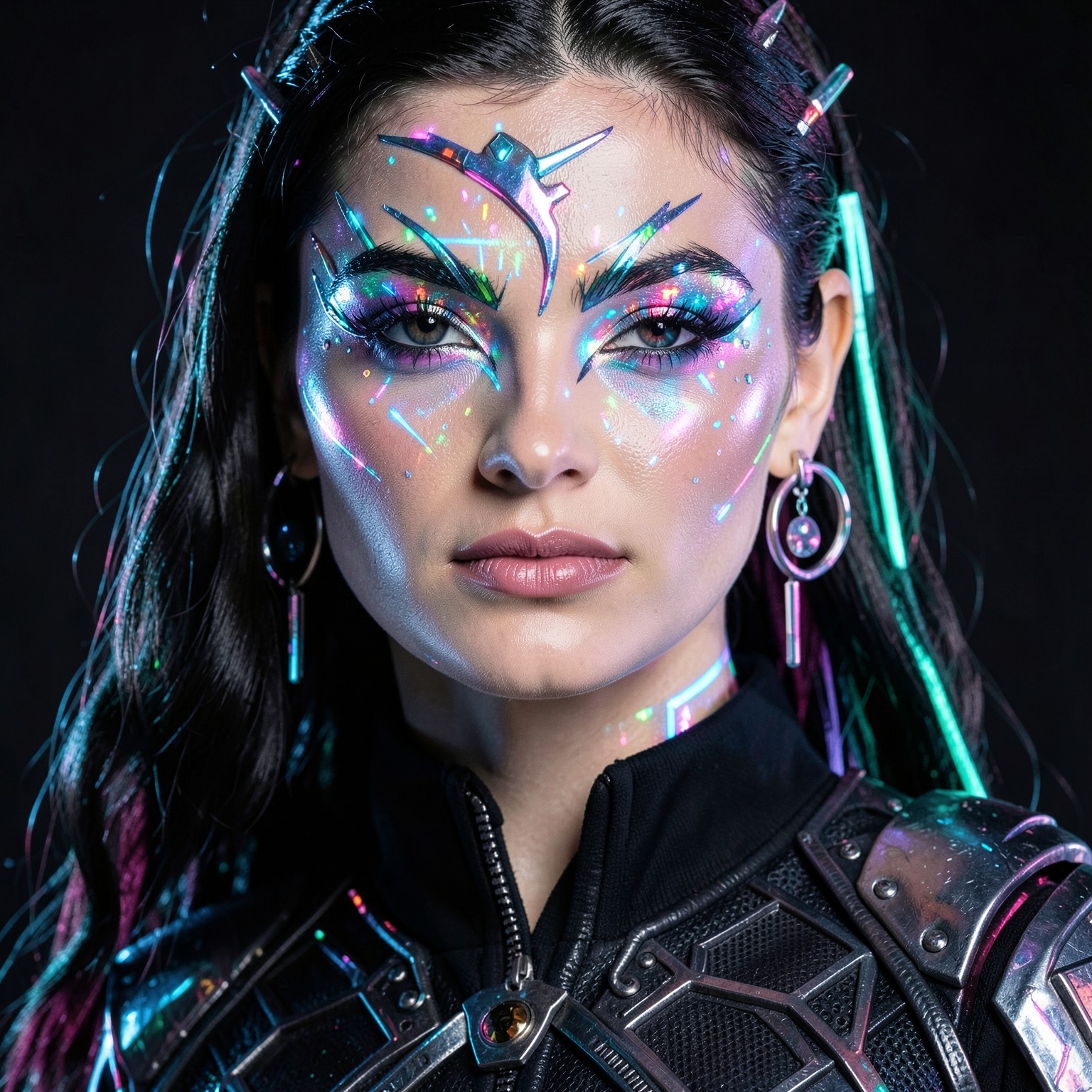 Close-up portrait of cyberpunk queen with holographic makeup, studio lighting, ultra sharp details
